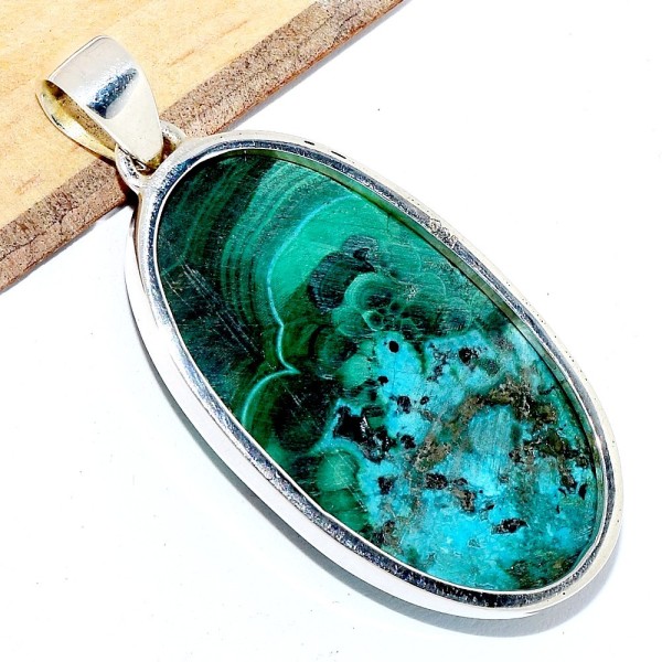 Pendentif oval en Malachite sur Chrysocolle naturelle Pendentifs pierres naturelles CWA108.1