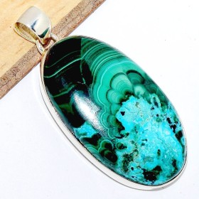 Pendentif oval en Malachite sur Chrysocolle naturelle Pendentifs pierres naturelles CWA108.1