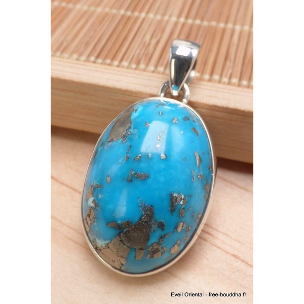 Pendentif authentique Turquoise avec Pyrite grade AAA Bijoux en Turquoise Iranienne (Nishapur) PU54.11