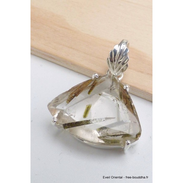 Pendentif Epidote sur Quartz bélière feuille Pendentifs pierres naturelles PU96.2