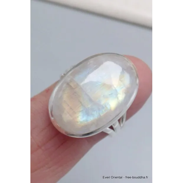 Bague ovale Pierre de lune arc-en-ciel taille 59 - Bijoux en Pierre de lune