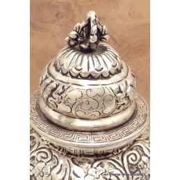 Bol à riz tibétain en métal blanc 17 cm Artisanat tibétain bouddhiste BAB4