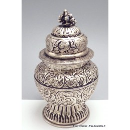 Bol à riz tibétain en métal blanc 17 cm Artisanat tibétain bouddhiste BAB4
