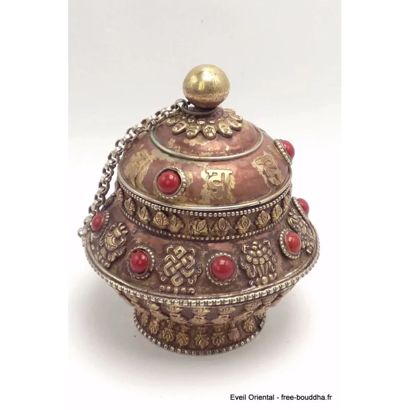Boite à bijoux tibétaine en cuivre clair - Porte-encens tibétains