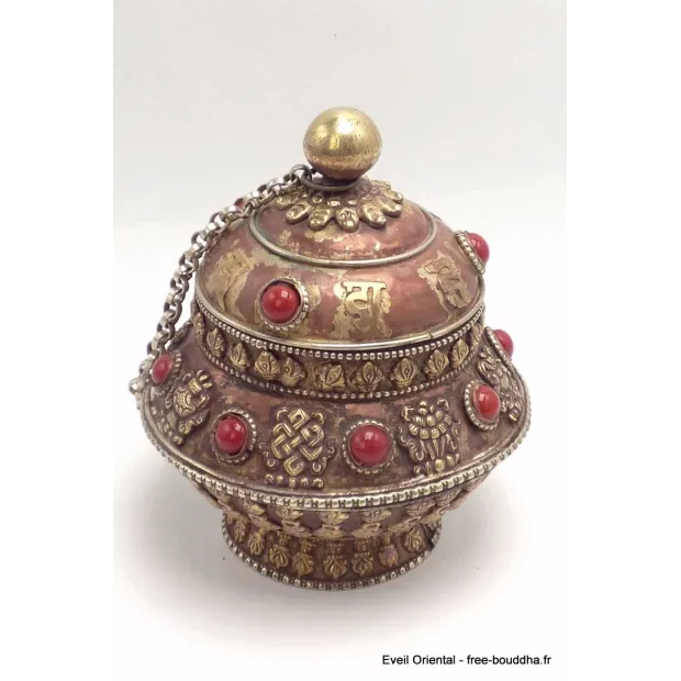 Boite à bijoux tibétaine en cuivre clair - Porte-encens tibétains