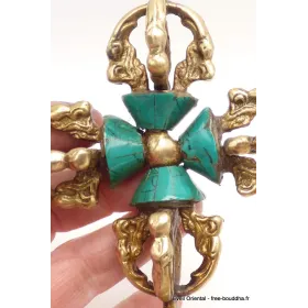 Double dorje tibetain 8 branches sur socle avec turquoises - Dordjé, double dorjé (sans cloche)