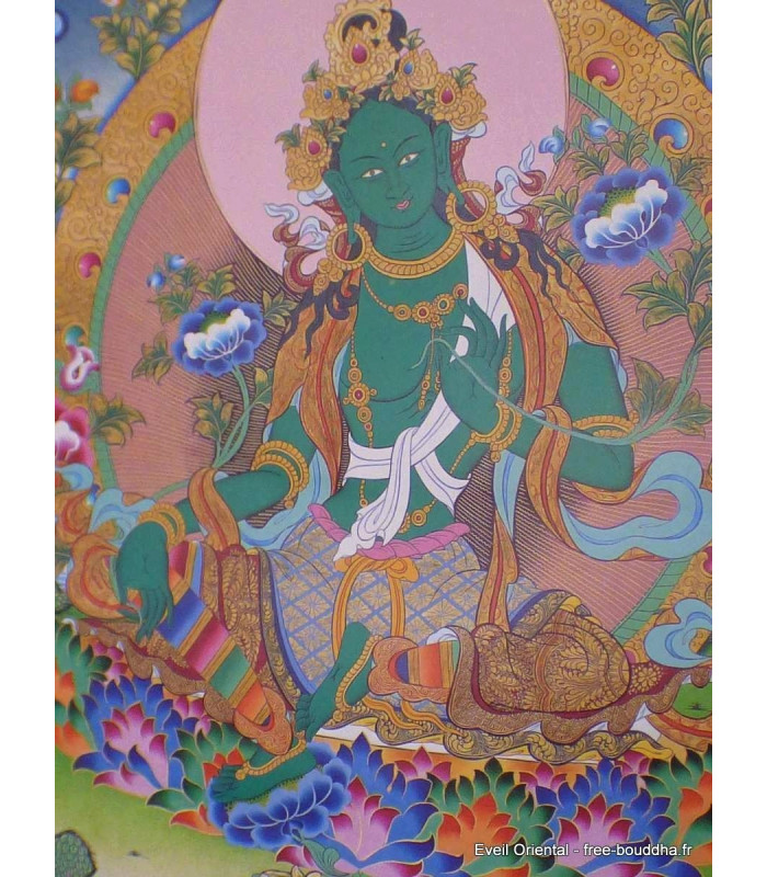 Grand Tangka bouddhiste Tara Verte 105 cm Tentures tibétaines Bouddha GTAN3