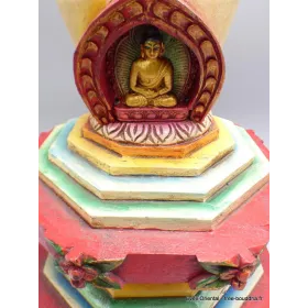 Statuette bouddhiste Grand Stupa tibétain en bois peint à la main 36 cm - Statuettes bouddhistes tibétaines artisanales