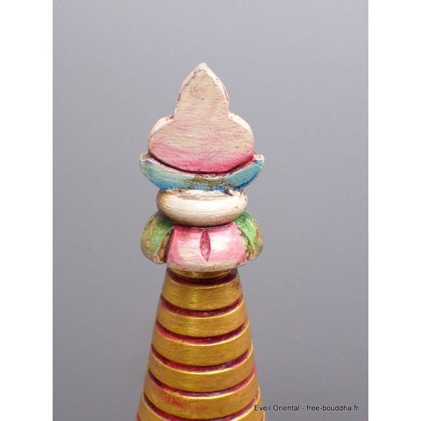Grand Stupa tibétain en bois peint à la main 36 cm Statuettes Bouddhistes STU11