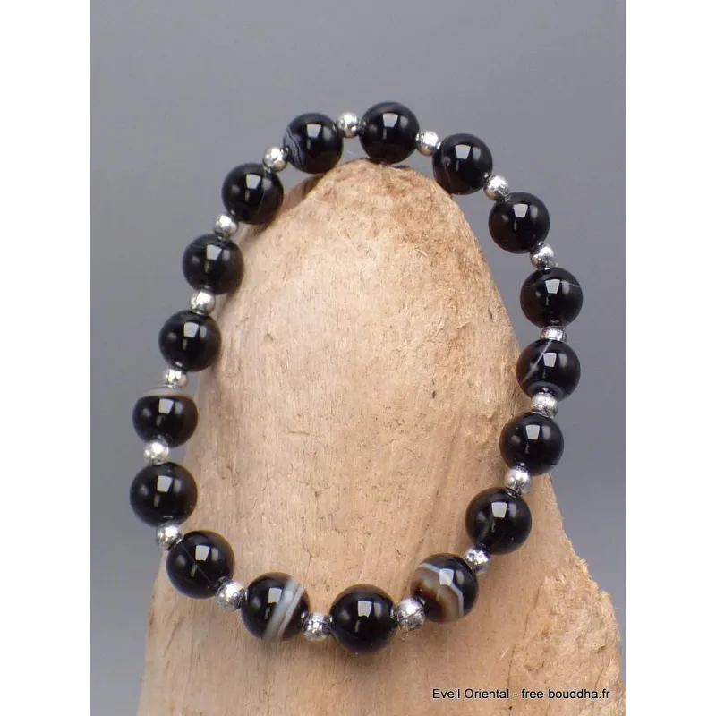 Bracelet Agate noire perles argentées - Bracelet baroque en Pierre Naturelle