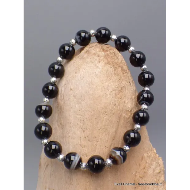 Bracelet Agate noire perles argentées - Bracelet baroque en Pierre Naturelle