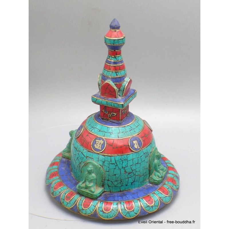 Stupa tibétain en bois et pierres 20 cm Objets rituels bouddhistes ref 3755.5