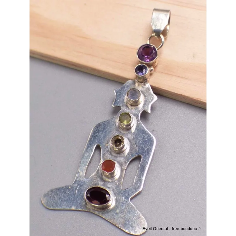 Pendentif en pierres naturelles Bouddha argent 7 chakras (défaut) - Pendentifs pierres naturelles
