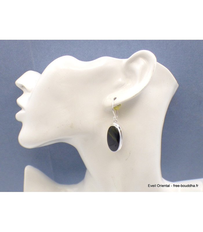 Boucles d'oreilles ovales en Oeil de Tigre Bleu Bijoux en Oeil de Faucon AW85.1-a