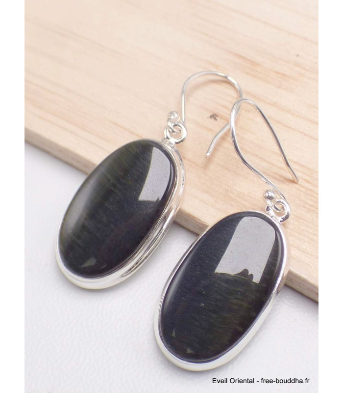 Boucles d'oreilles ovales en Oeil de Tigre Bleu Bijoux en Oeil de Faucon AW85.1-a