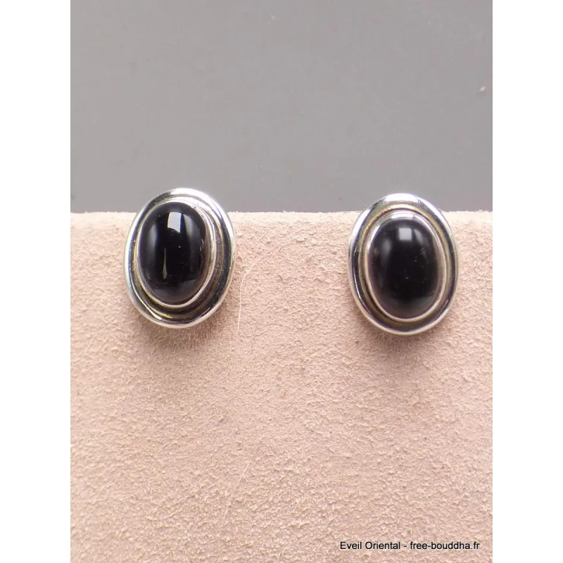 Clous d'oreilles Onyx noir oval-aj - Boucles d'oreilles en pierres naturelles