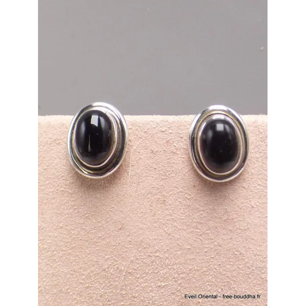 Clous d'oreilles Onyx noir oval-aj - Boucles d'oreilles en pierres naturelles