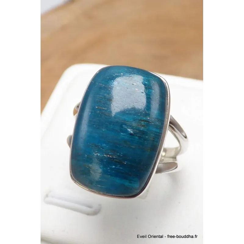 Bague Apatite bleue rectangulaire 2 anneaux taille 59 - Bijoux en Apatite bleue