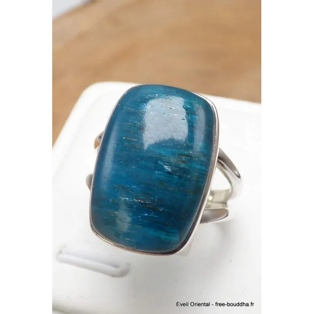 Bague Apatite bleue rectangulaire 2 anneaux taille 59 - Bijoux en Apatite bleue
