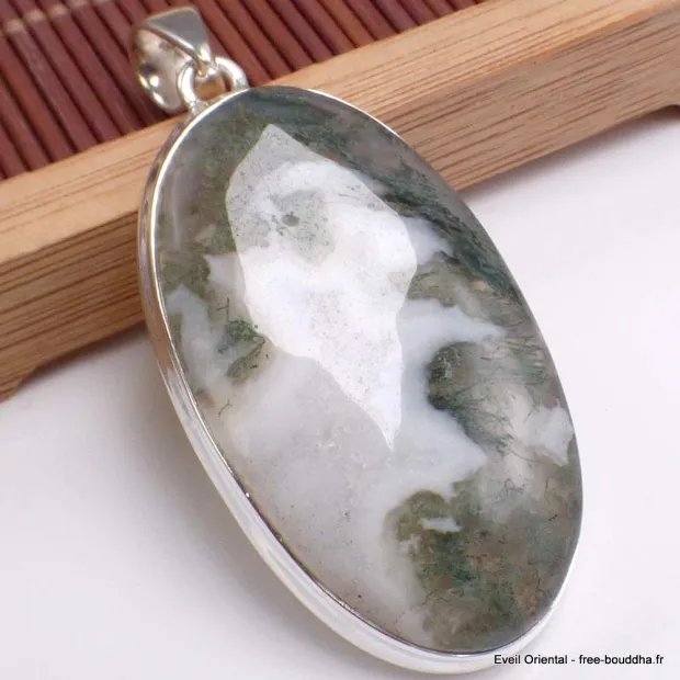 Pendentif Agate mousse sur Quartz forme ovale - Pendentifs pierres naturelles