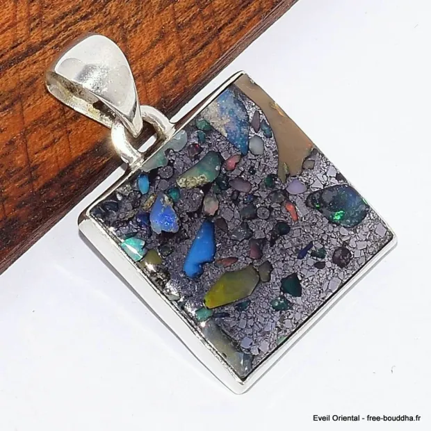 Pendentif Opale Ethiopienne sur Pyrite forme carrée (composite) - Bijoux en Opales