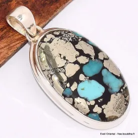 Pendentif oval Turquoise mohave avec Pyrite - Bijoux en Turquoise