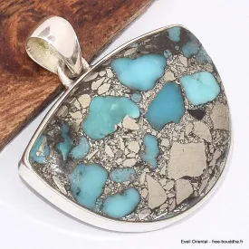 Pendentif semi-rond en Turquoise mohave sur Pyrite - Bijoux en Turquoise