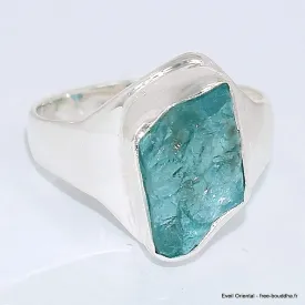 Chevalière bague en Apatite bleue néon brute taille 59 - Bijoux en Apatite bleue