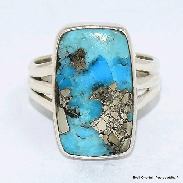 Bague Turquoise Mohave sur Pyrite 3 anneaux taille 52 