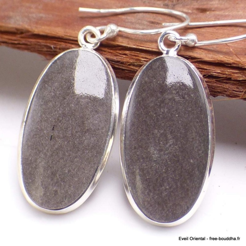 Boucles d'oreilles Obsidienne noires argentées ovales 