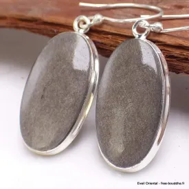 Boucles d'oreilles Obsidienne noire argentée ovales - Boucles d'oreilles en pierres naturelles