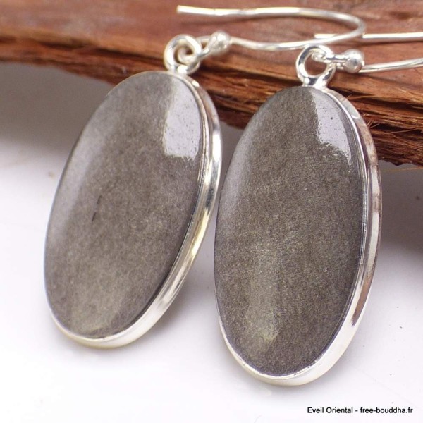 Boucles d'oreilles Obsidienne noire argentée ovales Boucles d'oreilles en pierres YM57.2