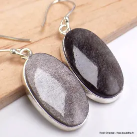 Boucles d'oreilles ovales en Obsidienne noire argentée - Boucles d'oreilles en pierres naturelles