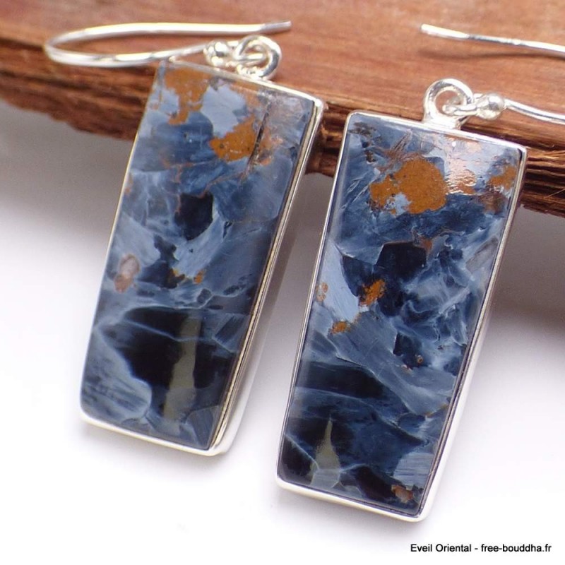 Boucles d'oreilles Pietersite bleu fauve rectangulaires 