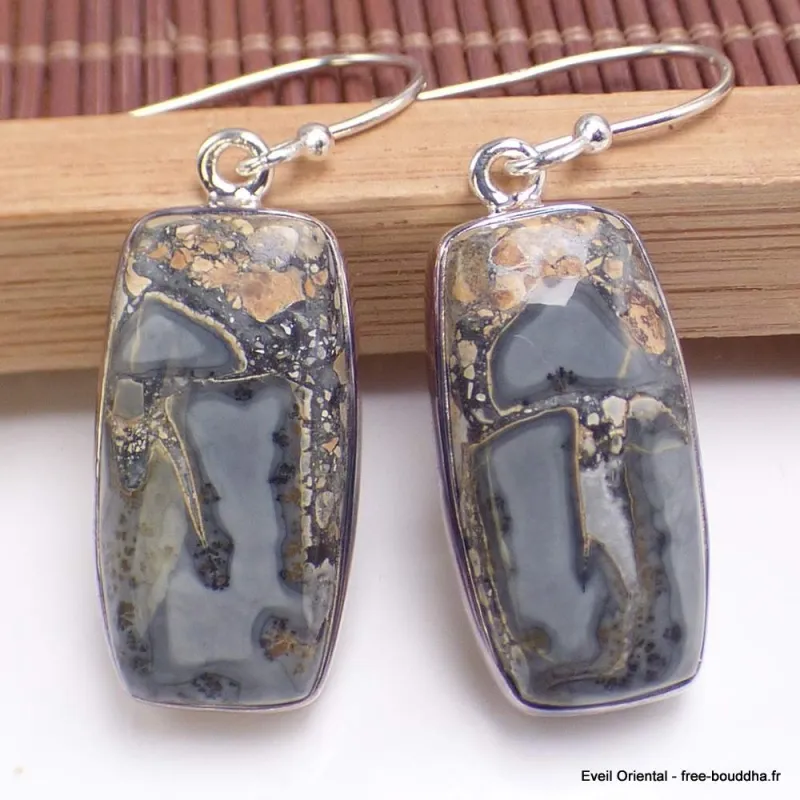 Boucles d'oreilles pendantes Gris beige Jaspe Maligano - Bijoux en Jaspe Maligano