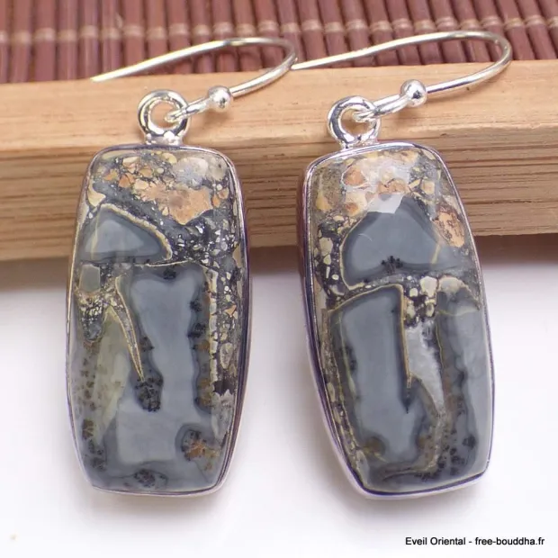 Boucles d'oreilles pendantes Gris beige Jaspe Maligano - Bijoux en Jaspe Maligano