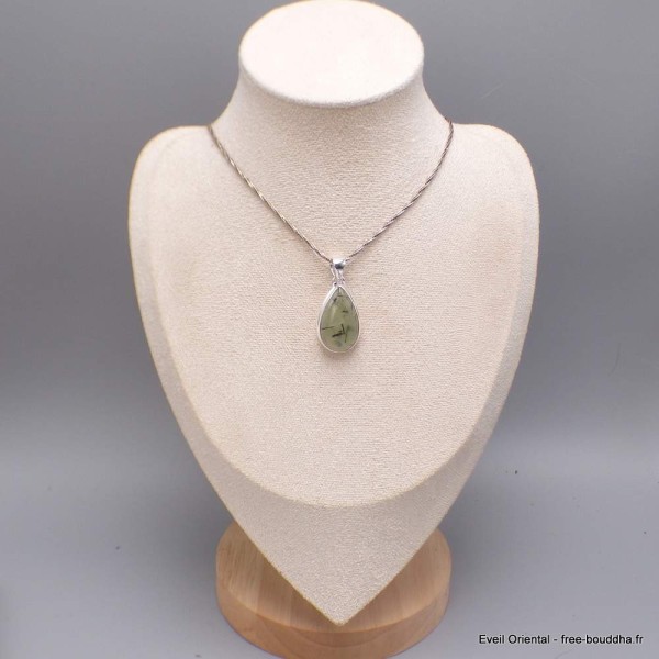 Pendentif goutte Préhnite cabochon et rutile noir Bijoux en Préhnite LAM49.3-a