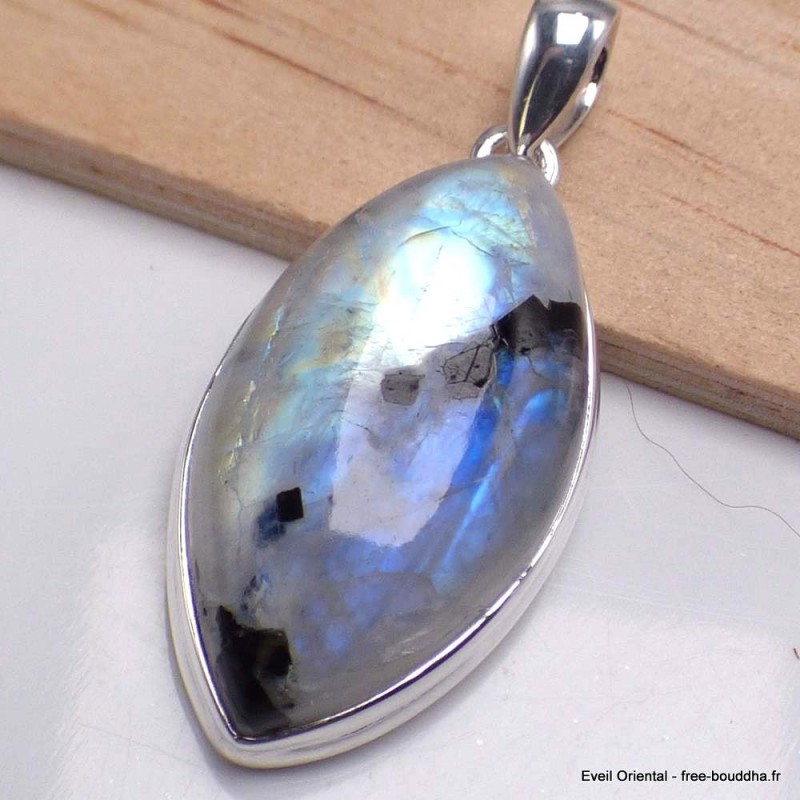 Gros pendentif marquise Pierre de lune bleue Tourmaline 