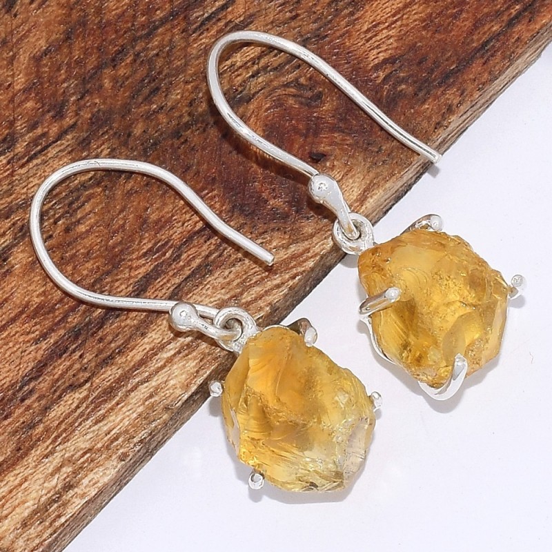 Boucles d'oreilles en Authentique Citrine brute serti griffes 