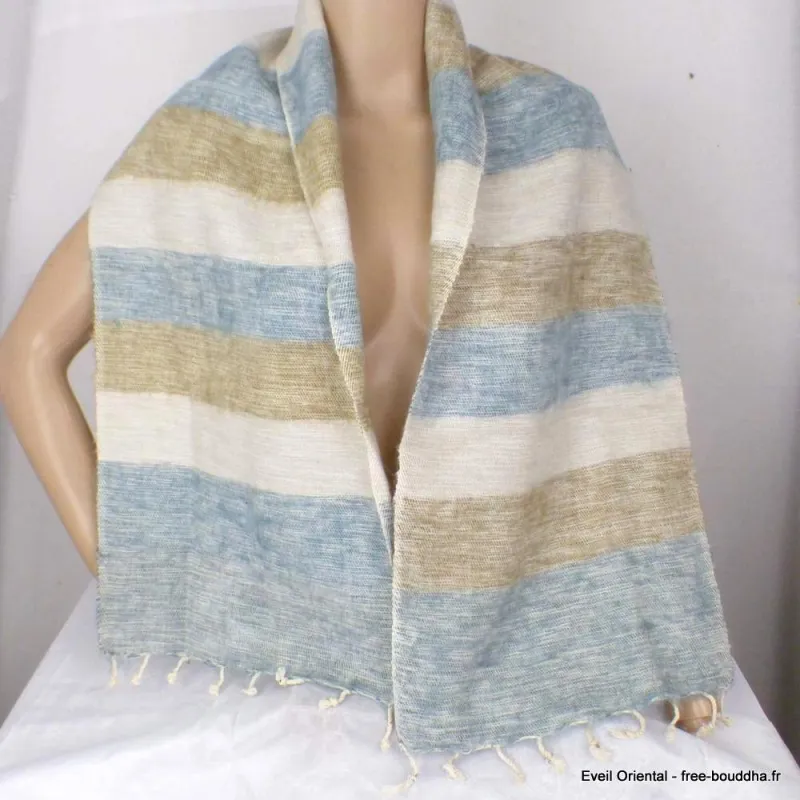 Echarpe laine beige bleu à rayures - Echarpes Laine Homme Femme