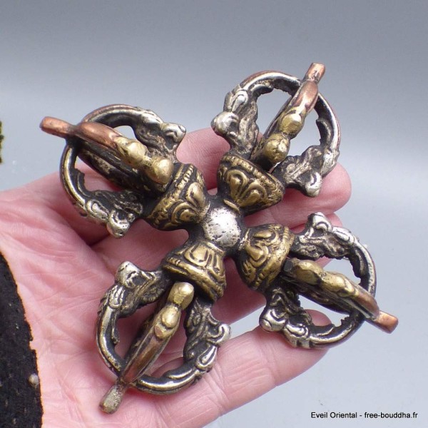 Double Dorjé tibétain en bronze pointe cuivre Cloches et dorjé tibétains dor