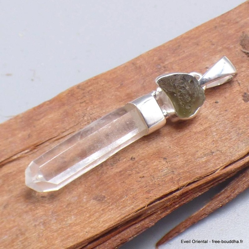 Pendentif Moldavite brute et Diamant d'Herkimer 
