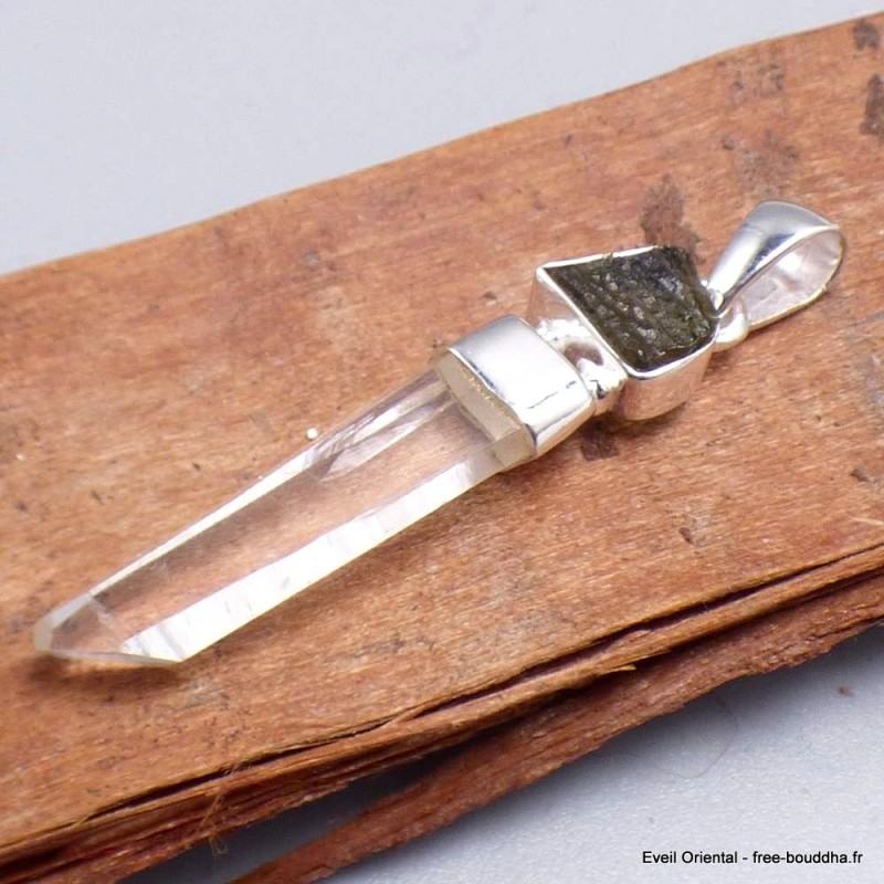 Pendentif Moldavite brute et Diamant d'Herkimer 