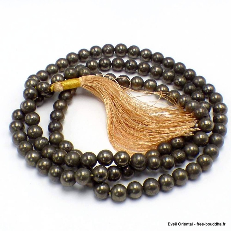 Collier mala tibetain 108 perles de Pyrite 