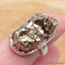 Grosse bague argent Pyrite dorée taille 56 - Bagues pierres naturelles