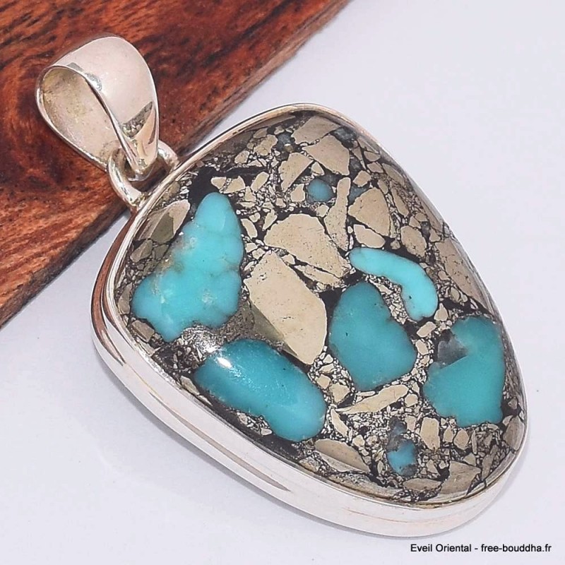 Pendentif semi-oval en Turquoise mohave sur Pyrite 