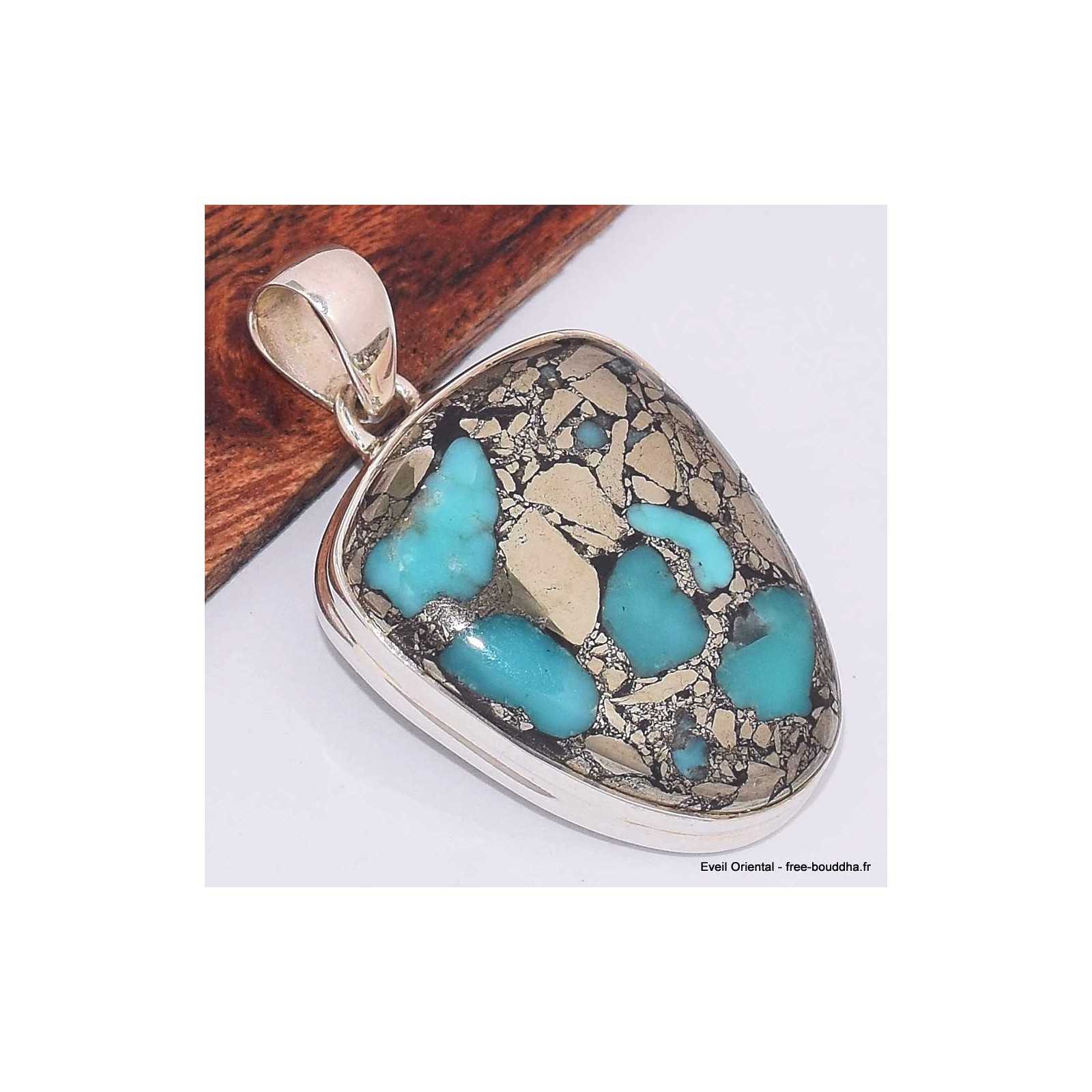 Collier Pendentif Vintage En Argent Sterling - Pyrite Et Turquoise Bleue - East Oasis