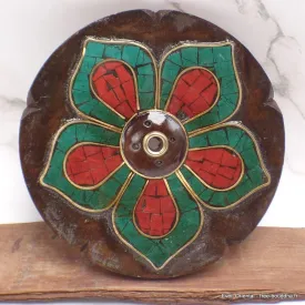 Porte-encens tibétain galette Lotus bois et pierres - Porte-encens tibétains