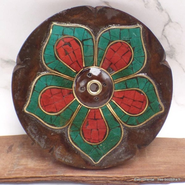 Porte-encens galette Lotus bois et pierres Brûleurs et porte-encens PET25.3