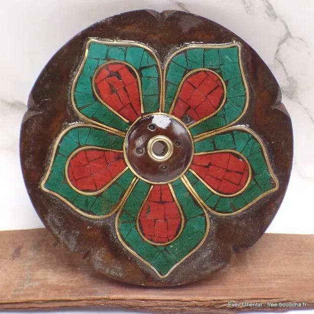 Porte-encens tibétain galette Lotus bois et pierres - Porte-encens tibétains